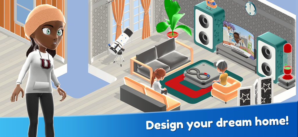 Una sala de estar virtual personalizable con un avatar 3D y muebles modernos en Home Valley