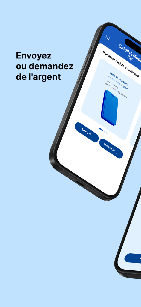 Crédit Mutuel Pay virements - Schermata dello smartphone che visualizza l'interfaccia dell'app Credit Mutuel Pay con opzioni per inviare o richiedere denaro tramite cellulare