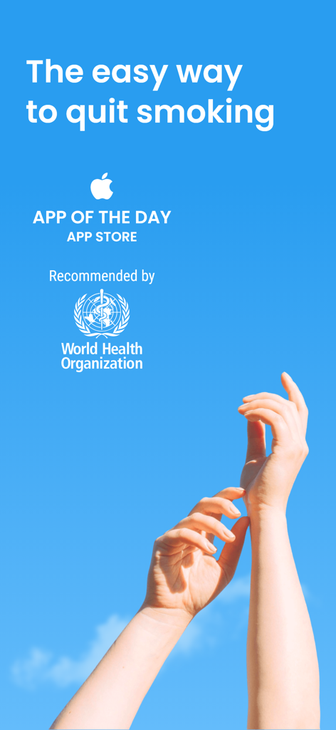 QuitNow app promotional image showing App Store award and WHO recommendation