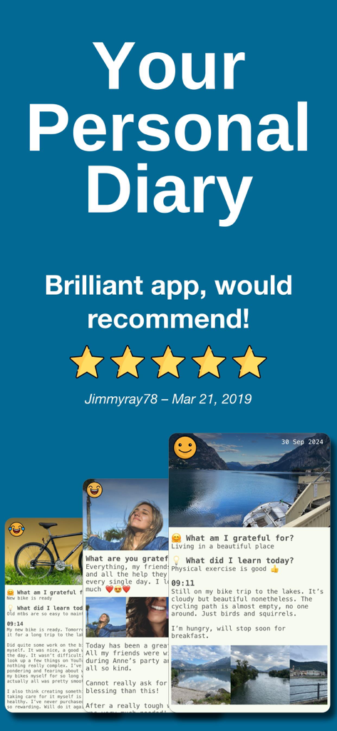 My Daily Diary ‎ - Captura de pantalla promocional de la aplicación Mi Diario Personal con una reseña de usuario de cinco estrellas y varios ejemplos de entradas de diario visuales con fotos y seguimiento del estado de ánimo.