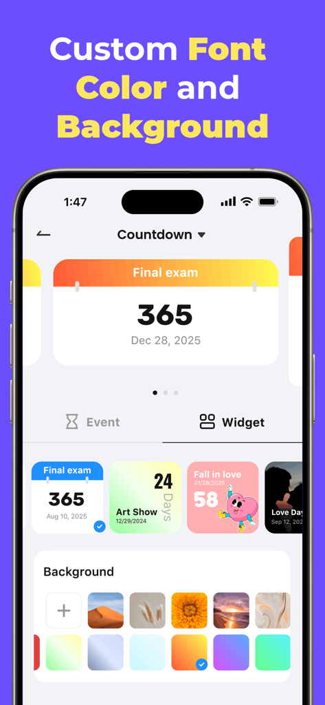 Countdown - Countdown Widget - A mobile interface for the Countdown app showing options to customize font color and background for event widgets like exams and art shows.