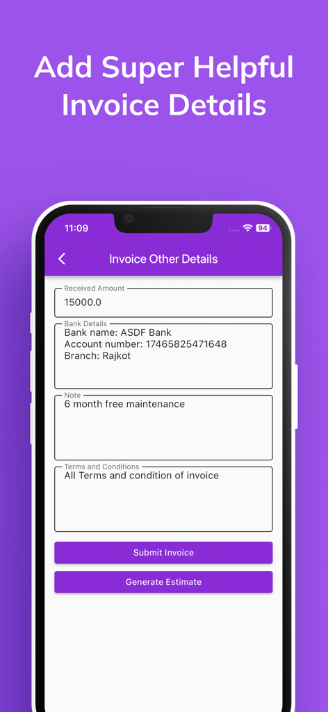 請求書に銀行の詳細、メモ、利用規約を追加するためのモバイルインターフェース。