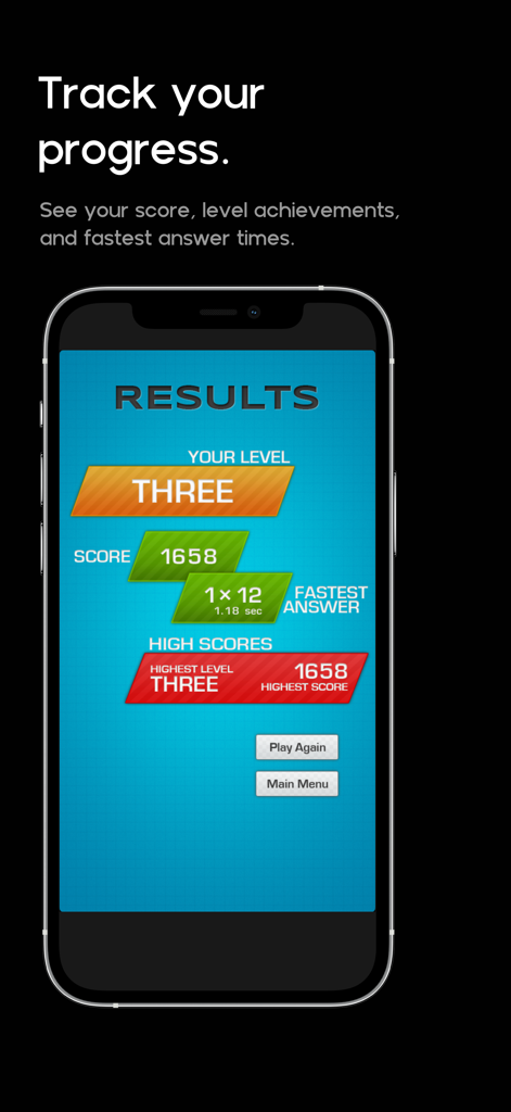 MultiFlow - MultiFlow app results screen displaying user level, score, and fastest answer time