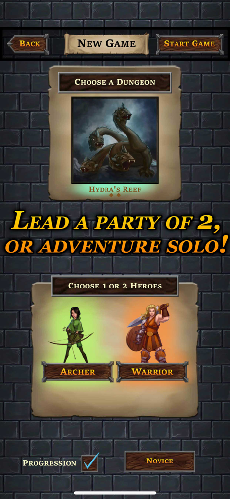Screen showing hero and dungeon selection in One Deck Dungeon with Archer and Warrior characters