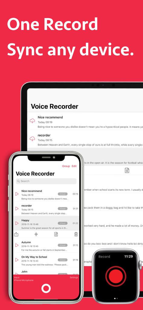 Voice Recorder - Memo + Editor - Interface do aplicativo Gravador de Voz exibida no iPhone, iPad e Apple Watch destacando a sincronização entre vários dispositivos