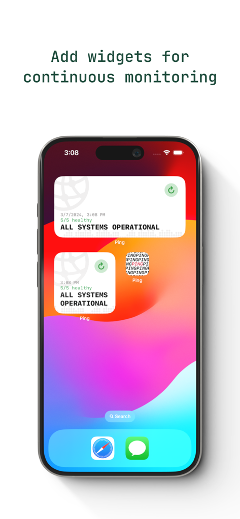 iPhone home screen showing Ping app widgets displaying website uptime status and all systems operational message