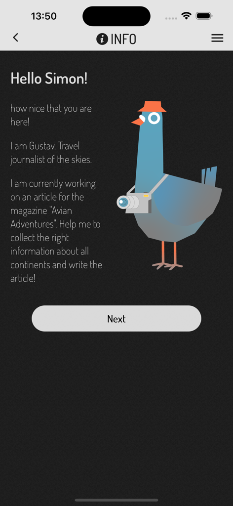 Actionbound - Actionbound app introduction screen featuring a stylized pigeon character named Gustav wearing a camera