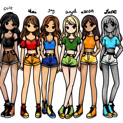 a group of girls wearing crop tops and shorts