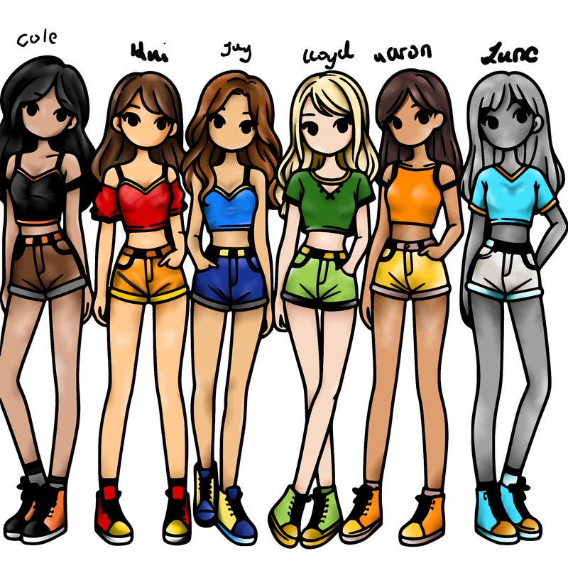 a group of girls wearing crop tops and shorts