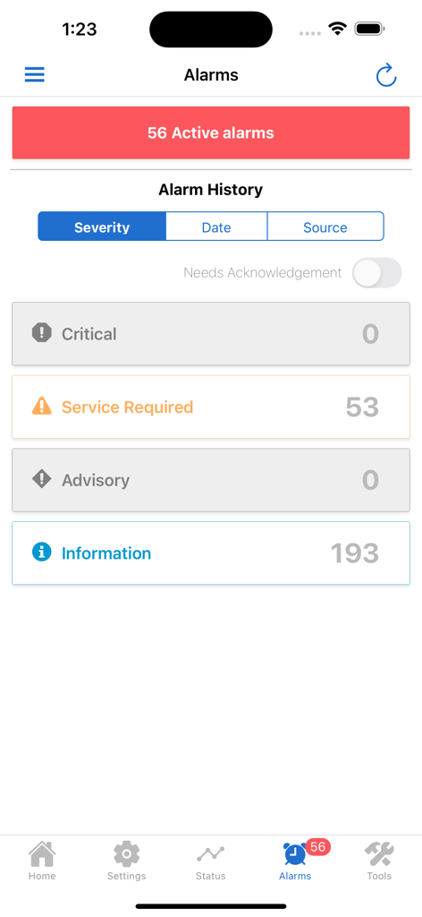 Symbio Service and Installation app dashboard showing active alarms and alarm history categorized by severity