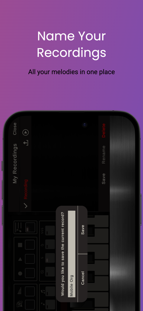 Oberfläche zum Benennen und Speichern von Musikaufnahmen in der Mobile Org 2025 App