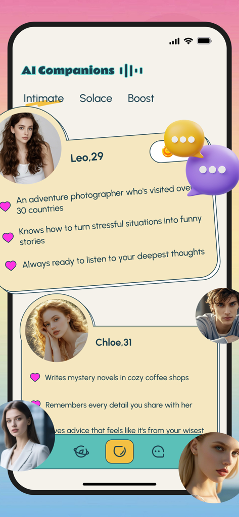 Joliy - Adult & Online Chat - Interface of the Joliy app showing profiles of AI companions with descriptions and personality traits