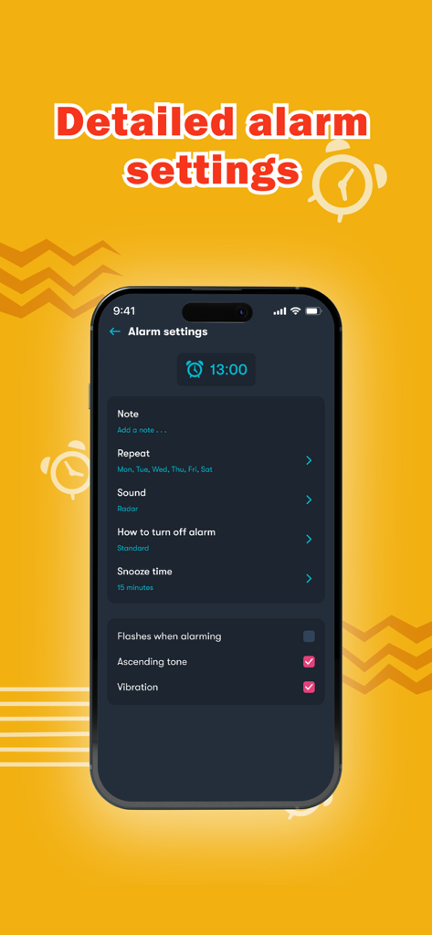 Alarm Clock - Wake up alarm - Detailed alarm settings screen showing options for repeat sound snooze and vibration toggles