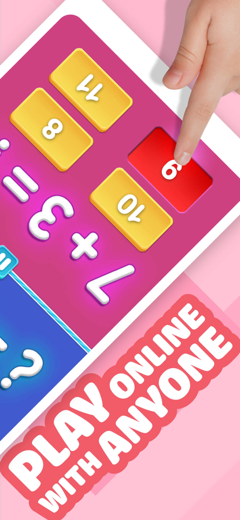 수학 온라인 멀티플레이어 모바일 게임에서 덧셈 방정식을 풀고 있는 아이