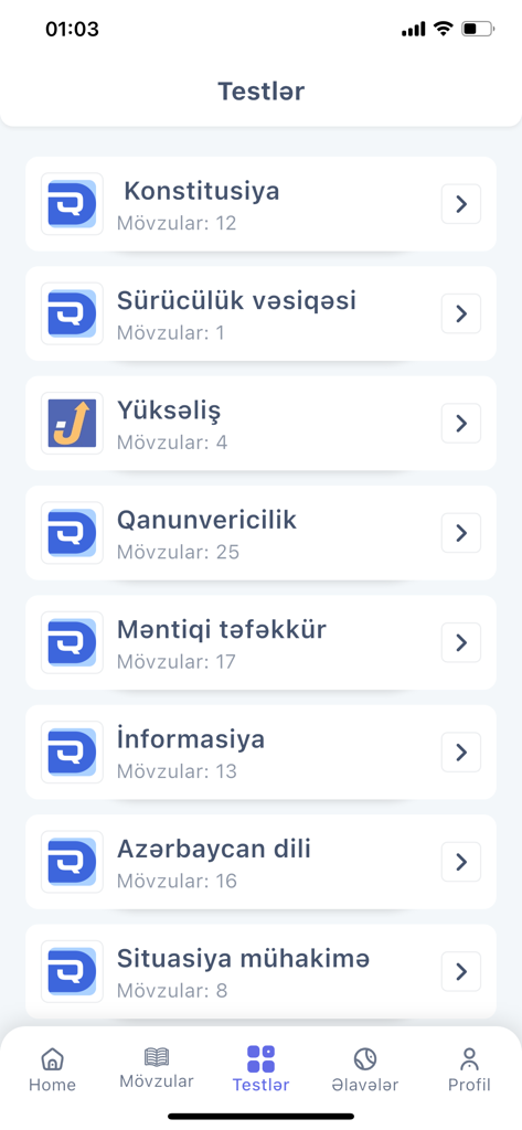 Dovlet Qullugu - List of exam categories in the Dovlet Qullugu app including Constitution, Legislation, and Logic for Azerbaijani civil service preparation.