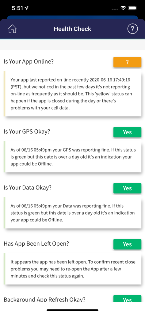LifeSaver - Distracted Driving - LifeSaver app health check screen showing status for GPS data and connectivity for distracted driving prevention