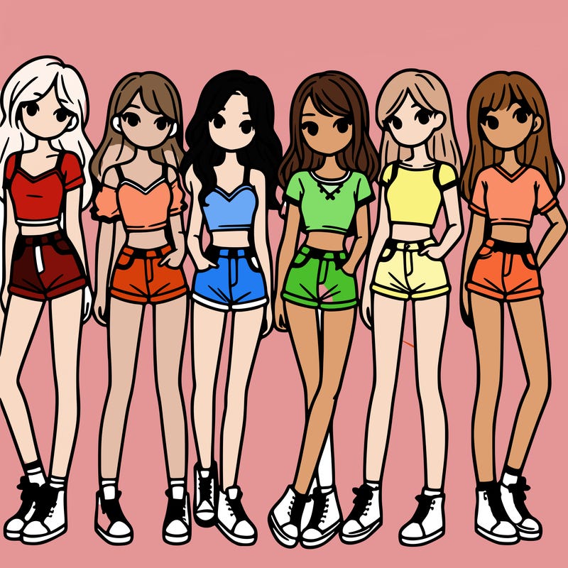 a group of girls wearing crop tops and shorts