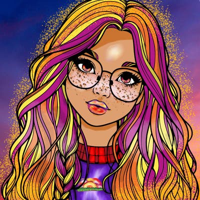 girl with long hair and freckles and glasses realistic