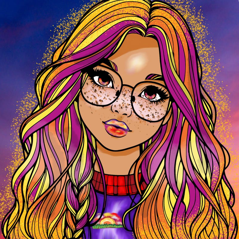 girl with long hair and freckles and glasses realistic