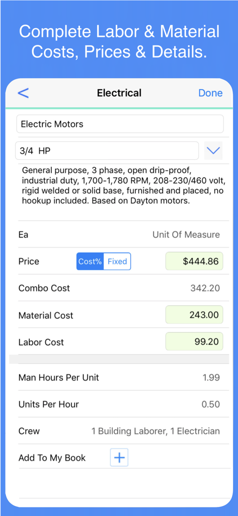 Mobile app interface showing detailed labor and material cost calculations for electrical work