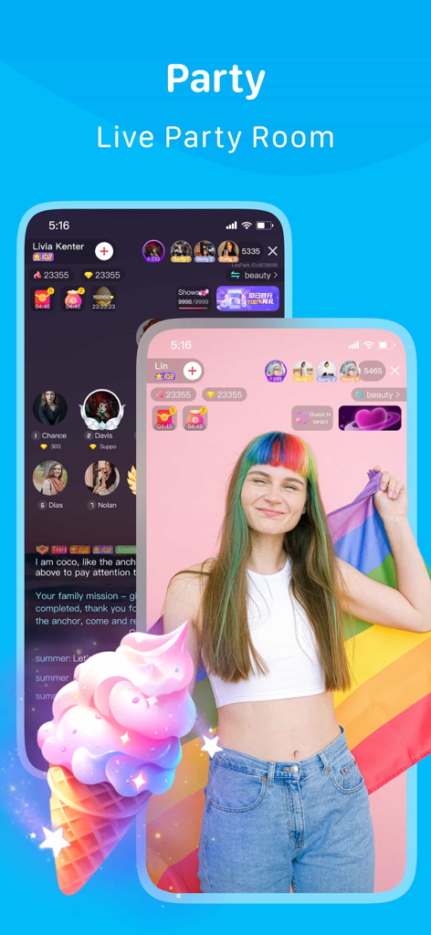 Interfaz de la aplicación LesPark mostrando una sala de fiestas en vivo con una mujer sosteniendo una bandera del orgullo