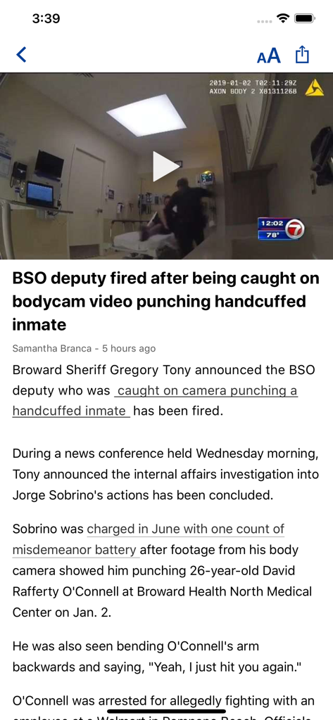 WSVN - 7 News Miami - WSVN 7 News Miami app showing a local news report with a video