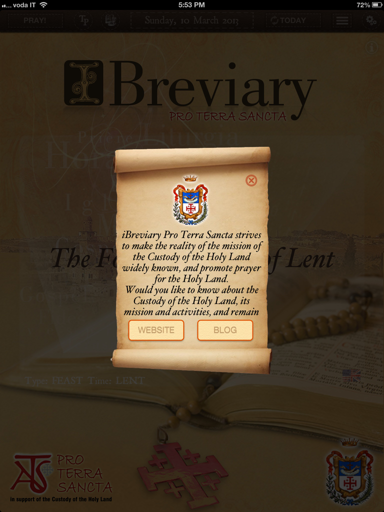 iBreviary app splash screen showing a scroll popup with information about the mission of the Custody of the Holy Land