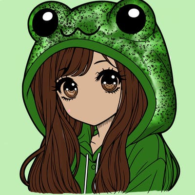 a pretty girl wearing a frog hoodie portrait with long hair