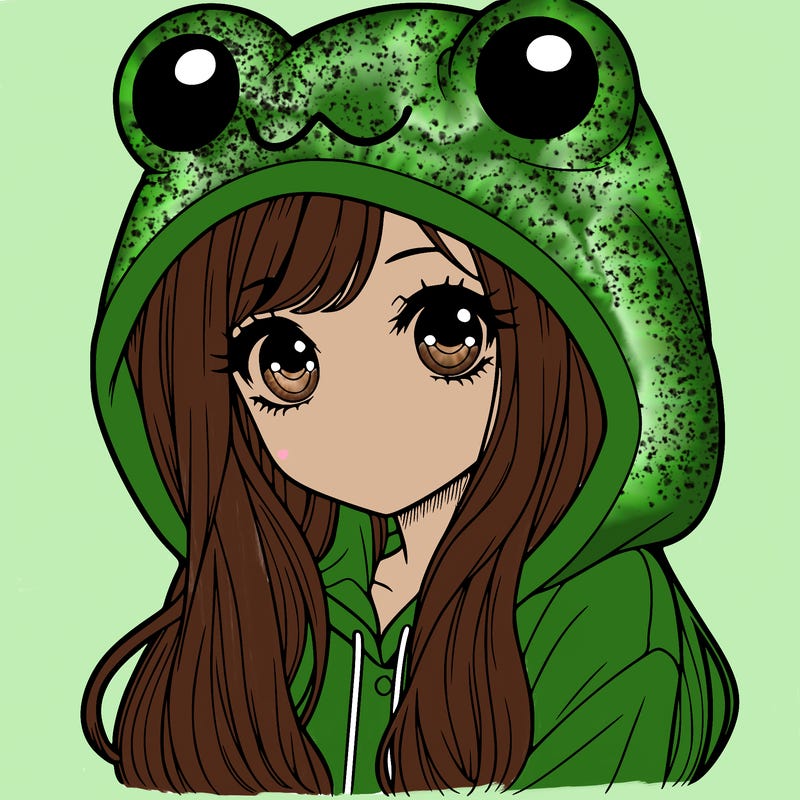 a pretty girl wearing a frog hoodie portrait with long hair