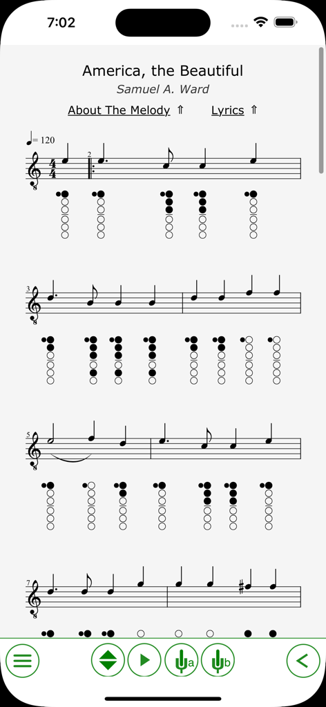 Clarinet sheet music and fingering charts for America the Beautiful song