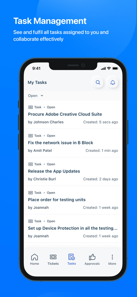 Freshservice - Freshservice mobile app interface displaying the My Tasks screen with a list of open IT service requests