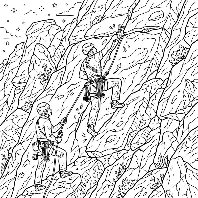 Experience the thrill of the climb with this intricate coloring page featuring traditional rock climbers in action. Delicately render their gear and the rugged beauty of the mountain environment.
