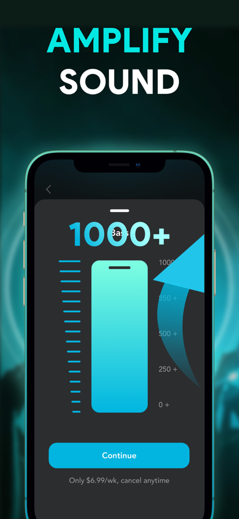 Amplify Sound: Bass Booster - Pantalla de la aplicación Amplify Sound que muestra la función de amplificador de graves del 1000 por ciento en una interfaz de smartphone