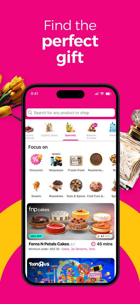 instashop: Groceries & more - InstaShop App-Bildschirm mit Optionen für die Lieferung von Speziallebensmitteln und Kuchengeschenken