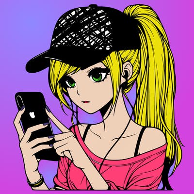 realistic girl with a long ponytail and trucker hat holding an iphone