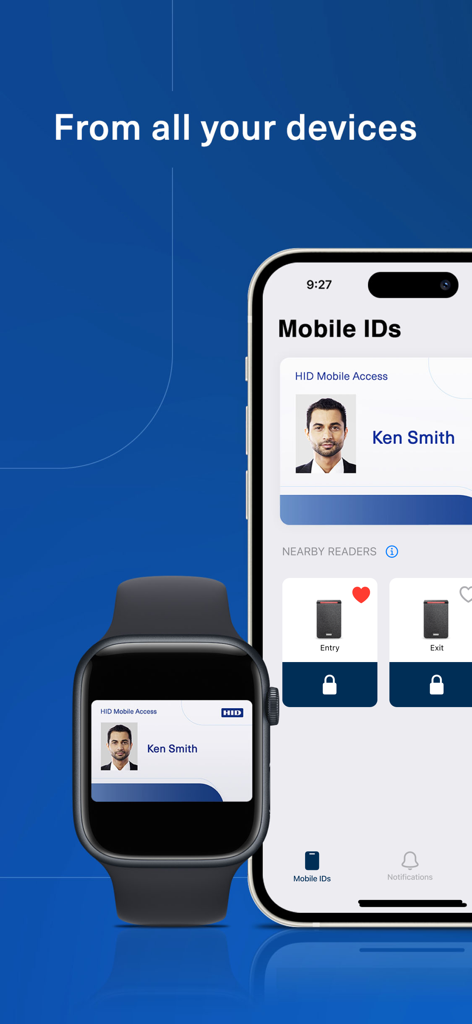 HID Mobile Access interface displayed on iPhone and Apple Watch screens