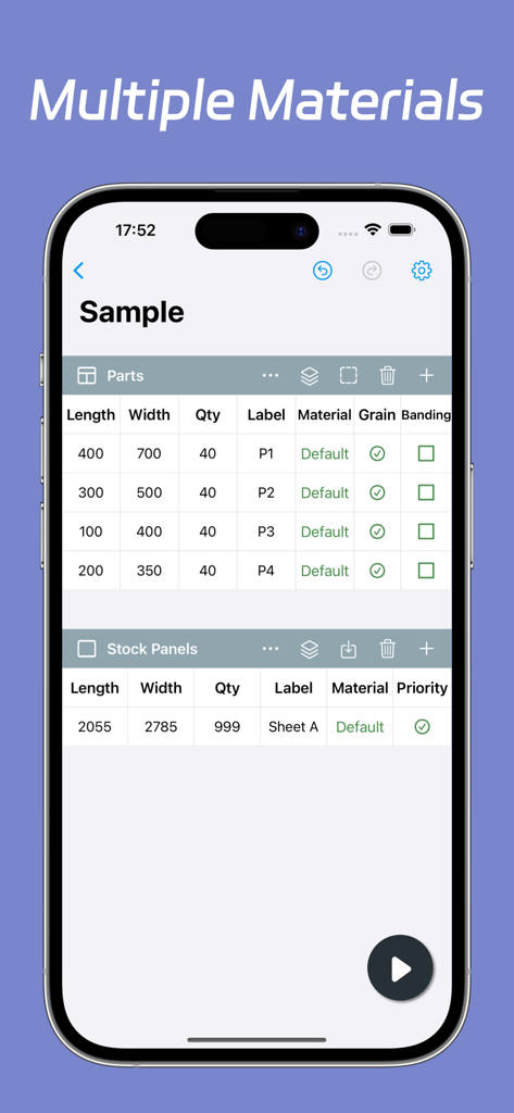 Tela de entrada de dados para peças e painéis de estoque no aplicativo Otimizador de Lista de Cortes