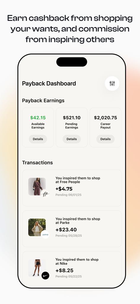 Locker app Payback Dashboard showing available earnings and shopping commissions from brand recommendations