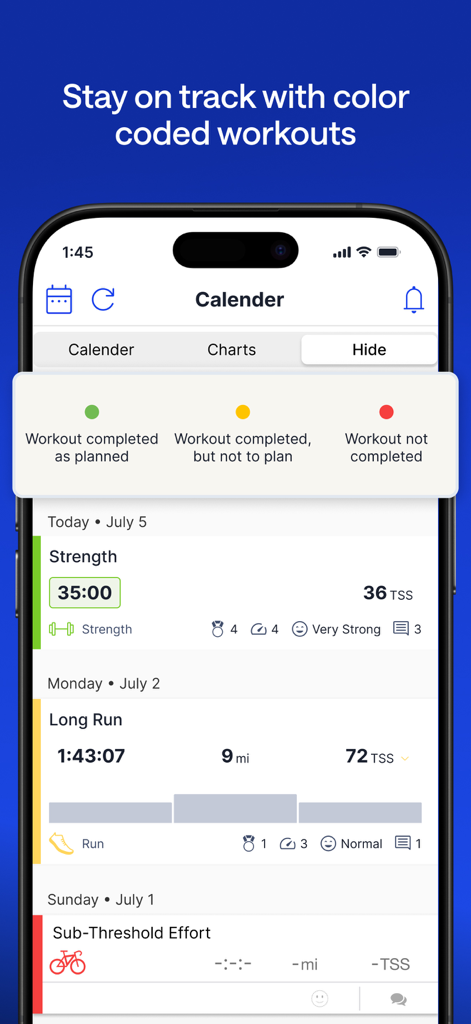 TrainingPeaks Mobile App-Oberfläche zeigt einen farbcodierten Trainingskalender mit Grün für erledigte Aufgaben wie geplant, Gelb für teilweise erledigte Aufgaben und Rot für verpasste Workouts.