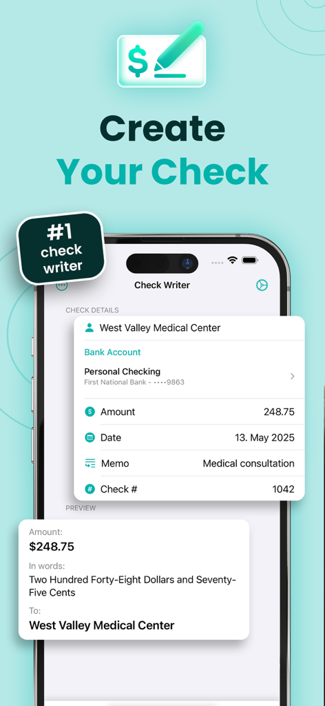 Check Writer: QuickCheck - Interfaz móvil de la aplicación QuickCheck que muestra el formulario para crear un cheque profesional con una tarjeta de vista previa.