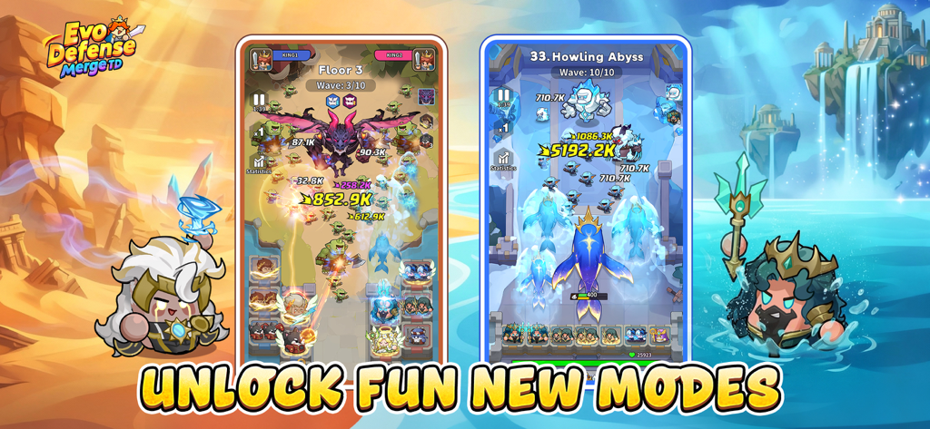 Evo Defense: Merge TD - Gameplay screens of Evo Defense Merge TD showing different environmental game modes including a desert dragon floor and an ice abyss boss fight.