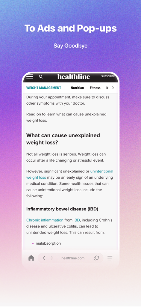 VibeMate - Mobile screenshot of VibeMate browser displaying a clean health article without ads or pop-ups