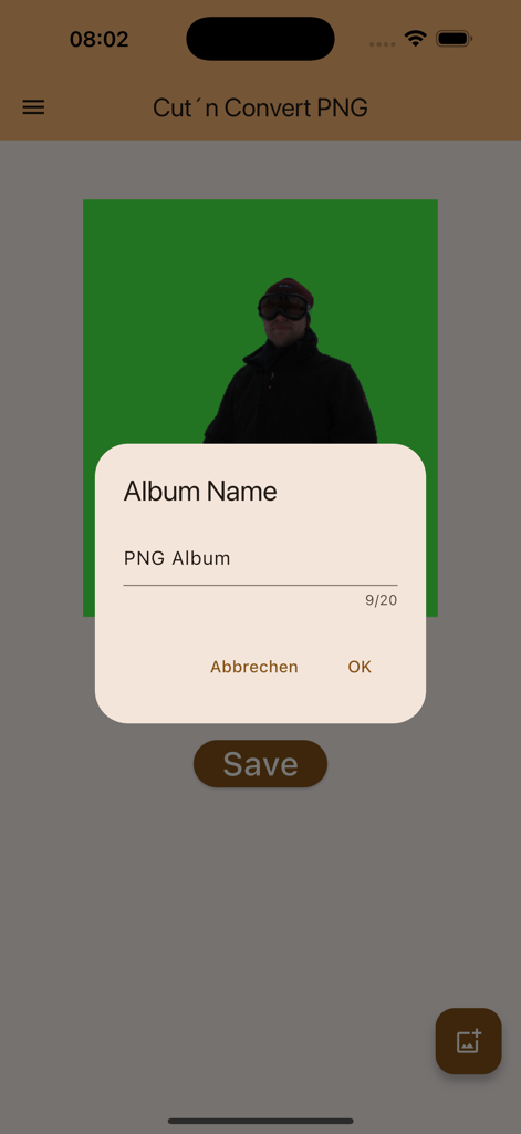 Mobile app interface showing a photo with background removed and a popup dialog to name the PNG album for saving.