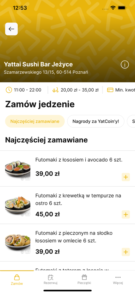 Yattai Sushi Bar - Yattai Sushi Bar mobile app interface showing the food ordering menu with sushi rolls and prices.