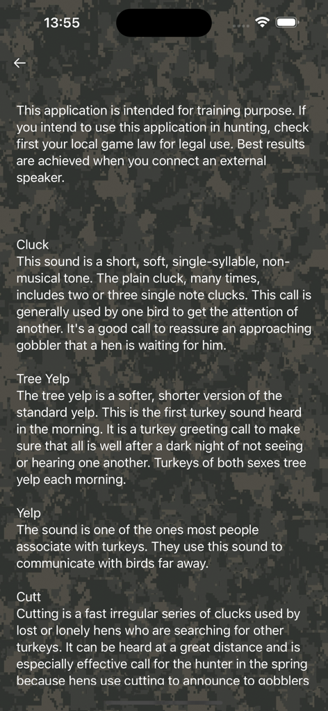 Turkey Hunting Calls - Educational screen of the Turkey Hunting Calls app with descriptions for various turkey sounds over a camouflage background