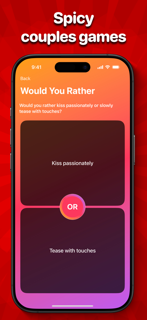 Spicy Would You Rather? - Smartphone screen displaying Spicy Would You Rather game question for couples.