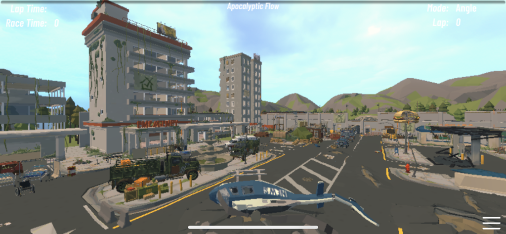 VelociDrone racing track featuring a post apocalyptic city environment with abandoned buildings and a crashed helicopter