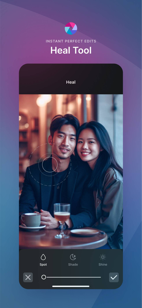 Pixlr AI Photo & Video Editor - Pixlr AI Photo Editor app interface showing the Heal Tool for retouching portraits