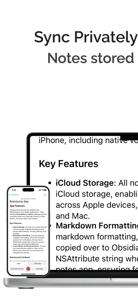 Brain Dump app interface on iPhone and MacBook showing private iCloud sync and markdown notes