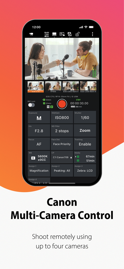 Canon Multi-Camera Control - Canon Multi-Camera Control app interface for remote filming with four cameras